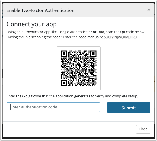 Scan the QR Code with your app and enter the authentication code