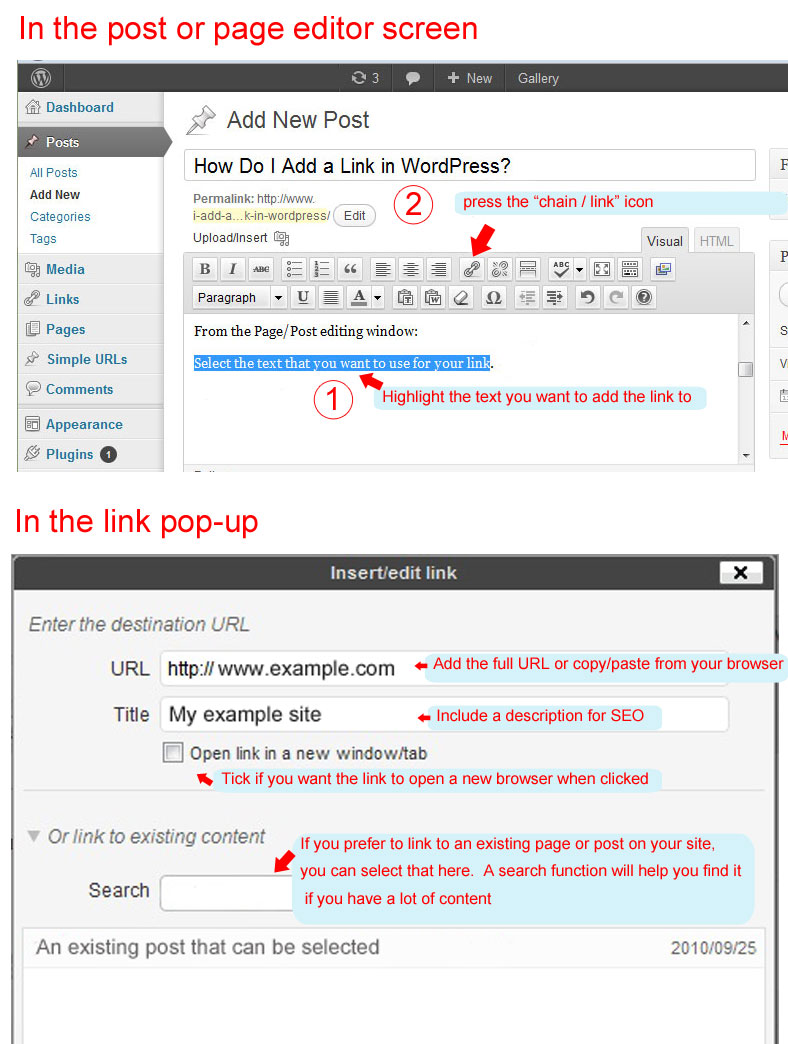 add a link in wordpress